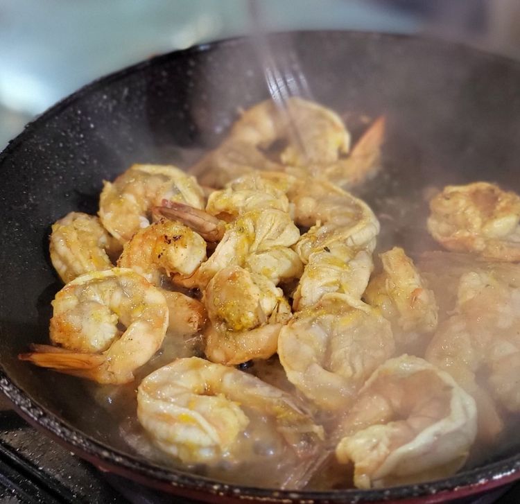 Step 1.1: Place the prawns in the hot pan in a single layer, cook for about 2 min on both sides (and a charred colour on the outside), then remove & place into serving dish