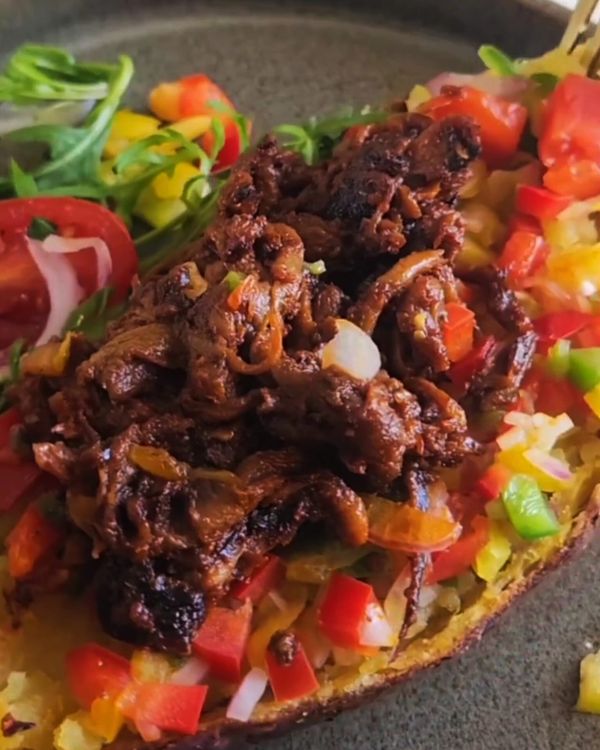 Air Fryer Baked Sweet Potatoes with Spicy Oyster Mushrooms  recipe