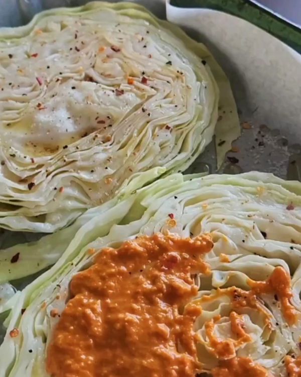 Step 3.1: Spread a thin layer of red pepper sauce over each cabbage steak
