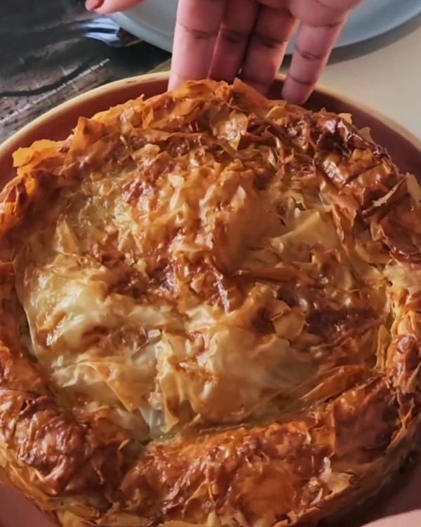 Step 4.1: Bake the pie in the preheated oven for 40 minutes, or until the filo is golden and crisp