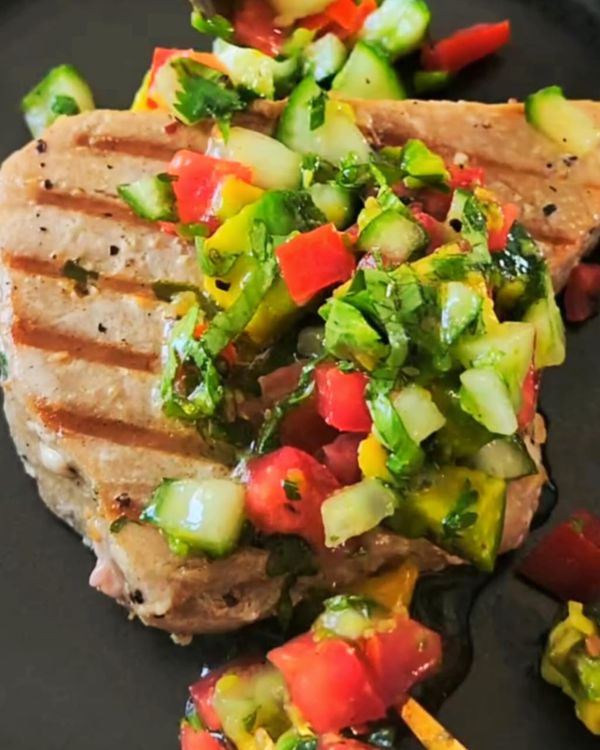 Grilled Tuna Steaks with Avocado, Cucumber & Tomato Salad recipe
