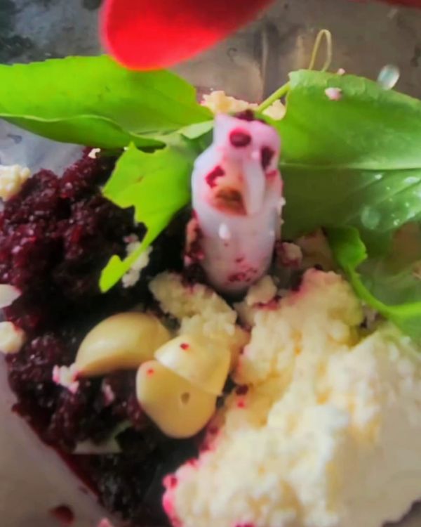 Step 2.1: Blend roasted beetroot, garlic, cottage cheese, basil, lemon juice, and olive oil until smooth