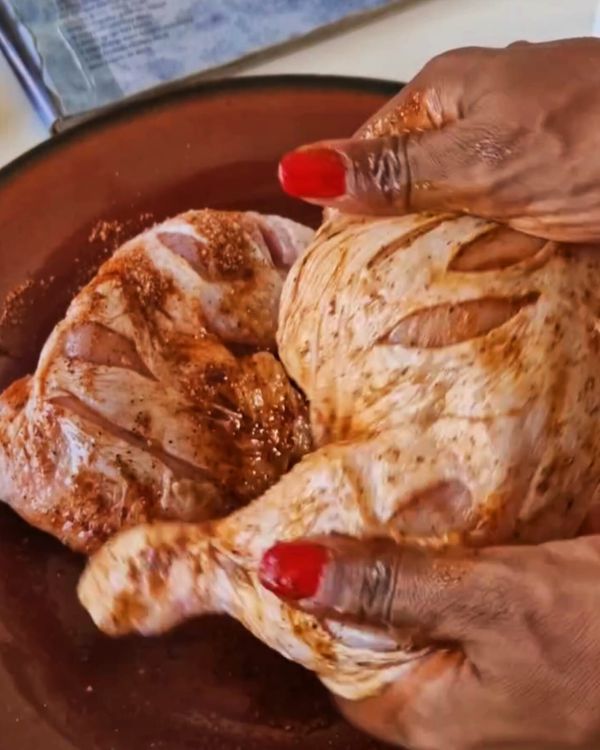Step 1.1: Sprinkle the chicken leg quarters with garlic powder, onion powder, smoked paprika, dried oregano, black pepper, and salt