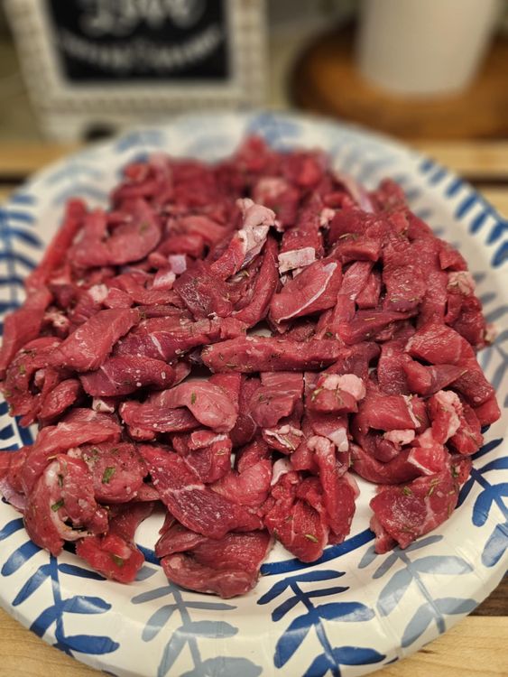 Step 1.1: Cut the steak into 1/2 inch thick strips or 1-inch cubes