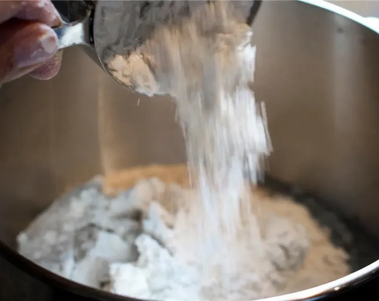 Step 1.1: Add the all-purpose flour and mix on low speed using the dough hook until fully incorporated