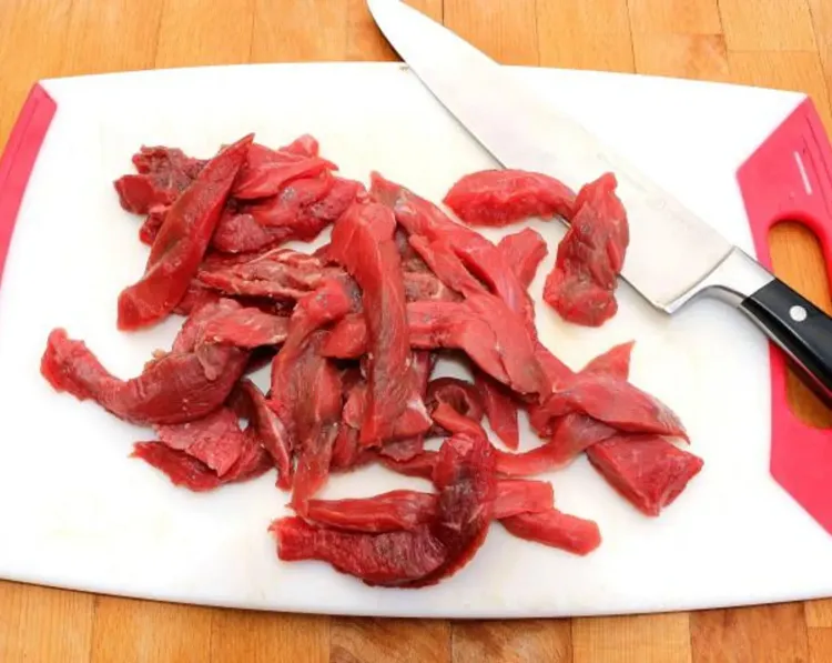Step 1.1: Cut the T-Bone Steak into strips, then season with Kosher Salt and Cayenne Pepper