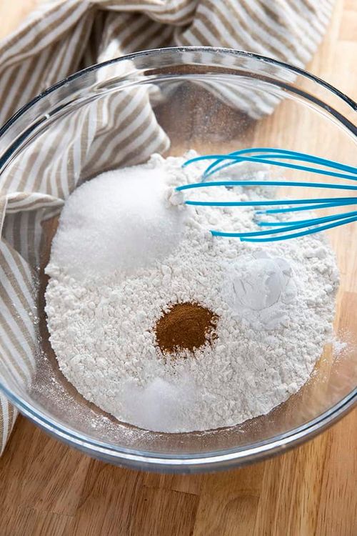 Step 2.1: In a large bowl, whisk together the flour, baking powder, sugar, salt, and cinnamon
