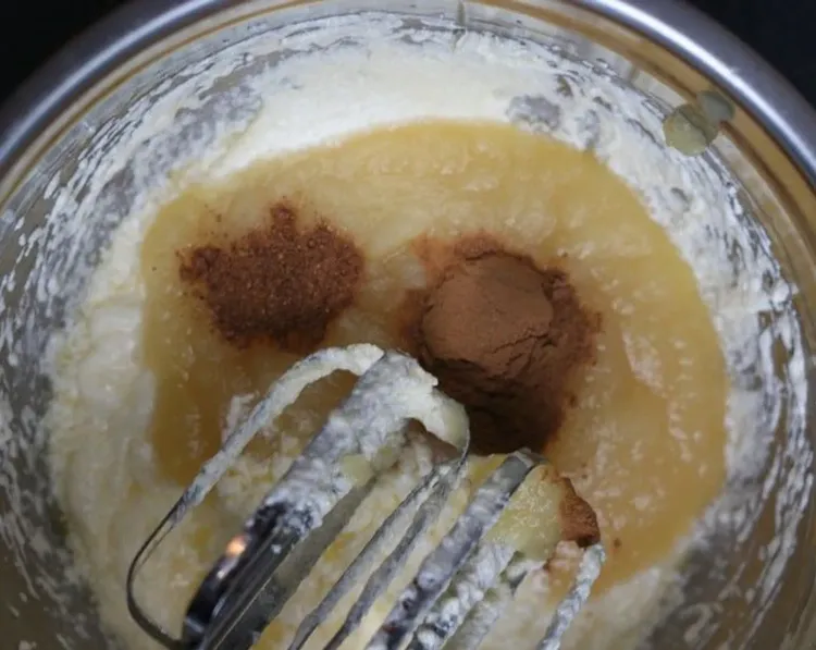 Step 1.1: Add unsweetened apple sauce, pure vanilla extract, ground cinnamon, and ground nutmeg, and beat just until blended