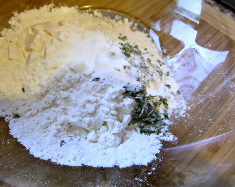 Step 2.1: Stir together the all-purpose flour, fresh rosemary, baking powder, sea salt flakes, and ground black pepper in a medium bowl