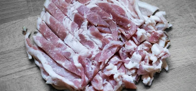 Step 1.1: Stack the pancetta and using a very sharp knife, cut the stack into a 1/4 inch dice