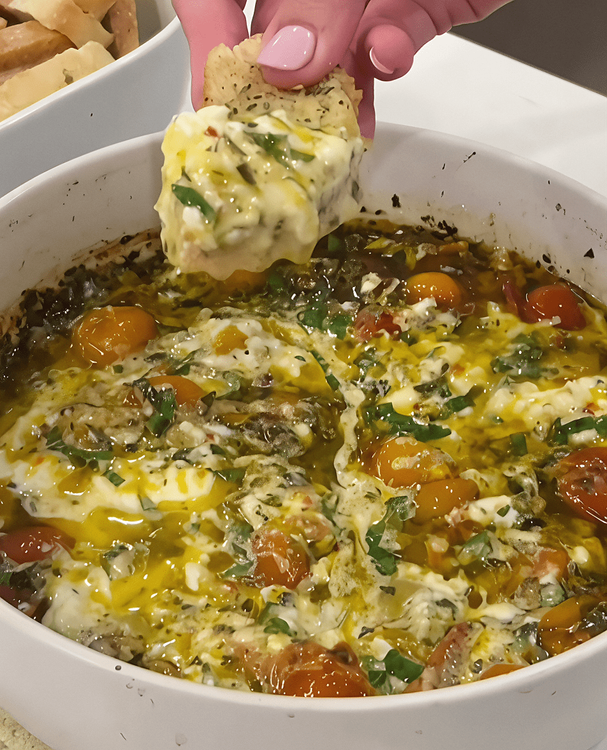 Roasted Tomato Burrata Dip with Garlic Bread Crostini recipe