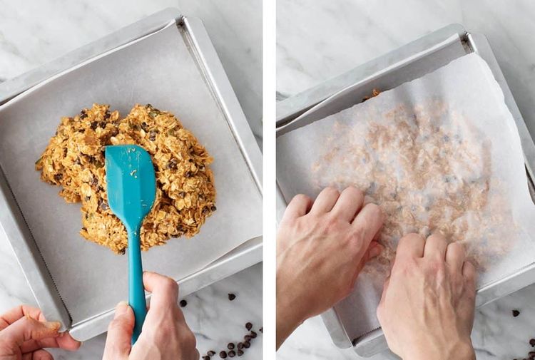 Step 1.1: Press the bars into a parchment-lined baking pan