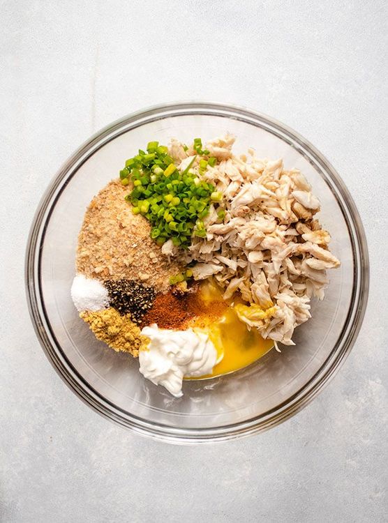 Step 1.1: In a large bowl, combine lump crab meat, green onion, bread crumbs, egg, Greek yogurt, Worcestershire, dry mustard, Old Bay, salt, and pepper