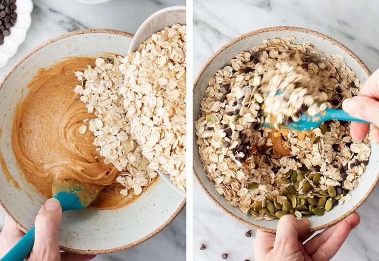 Step 1.1: Fold in the dry ingredients – the oats, chocolate chips, and pepitas