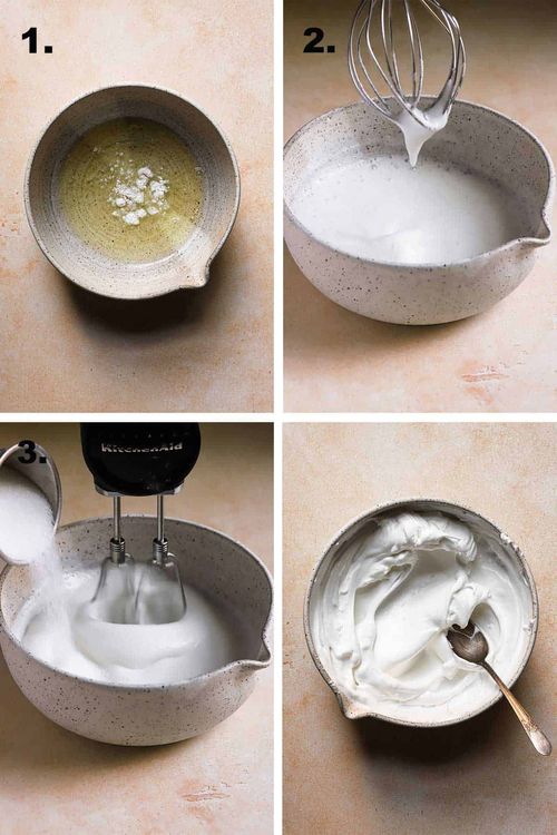 Step 1.1: Whisk egg whites with cream of tartar for 1 minute, then add sugar and continue whisking until stiff peaks form