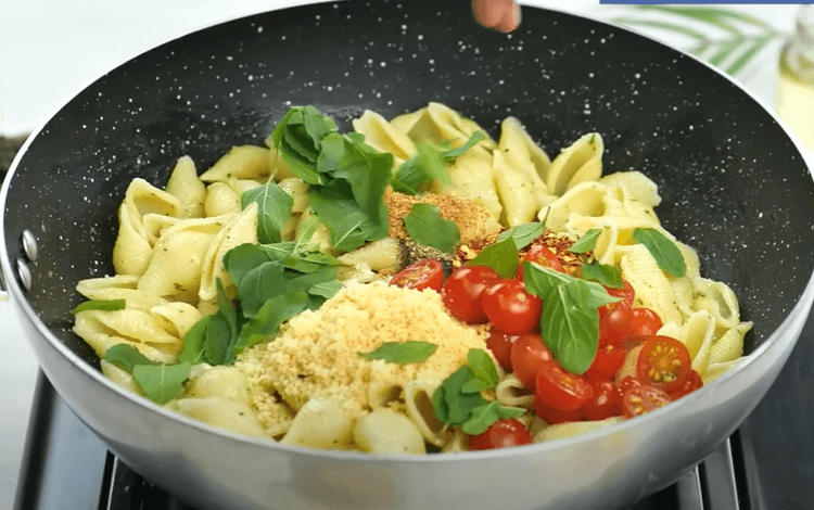 Step 1.2: Add crushed black pepper, crushed red chili, pink salt, onion powder, chicken powder, Parmesan cheese, cherry tomatoes, and fresh basil leaves