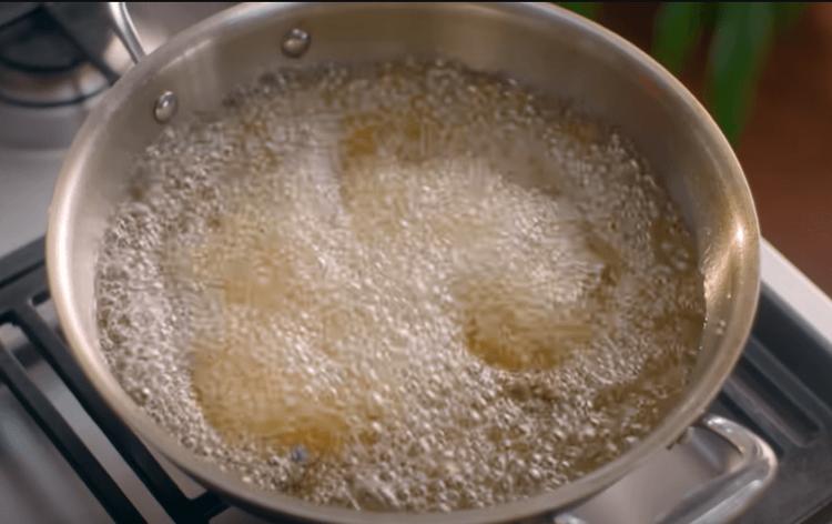 Step 1.1: Fry the coated cauliflower in moderately hot oil (170°C) until light golden brown over medium flame