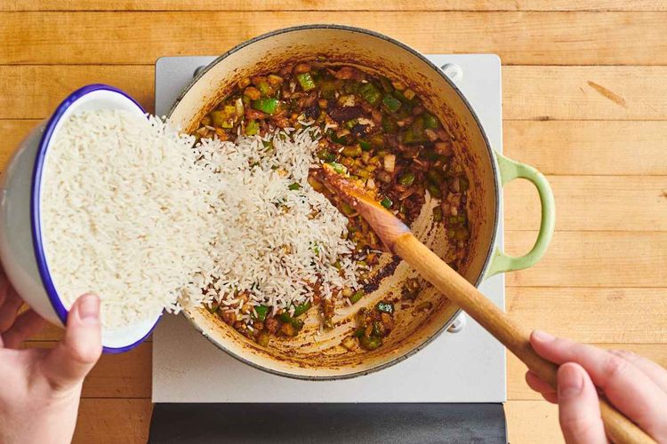 Step 7.1: Add rice and cook, stirring frequently, until rice is opaque and fragrant