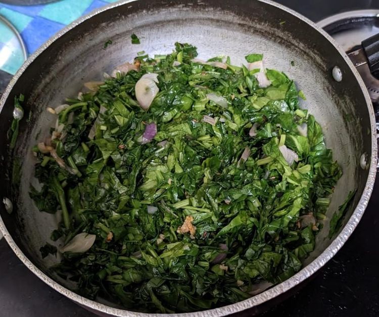 Step 1.1: Add the chopped spinach to the pan and stir fry for another 5 mins