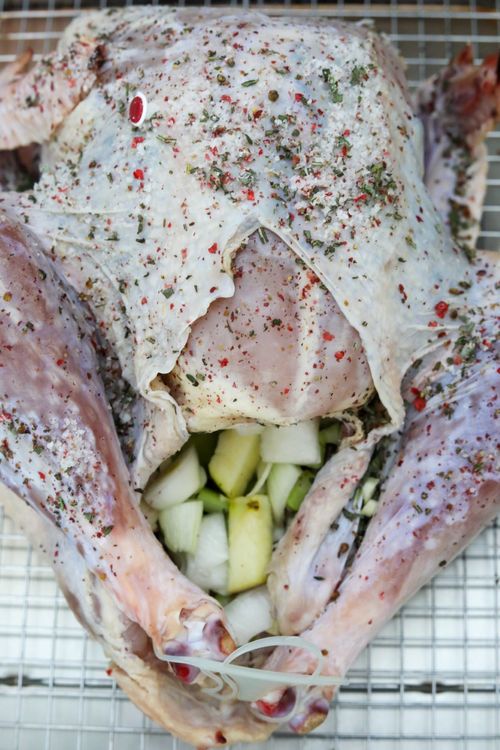Step 2.1: Fill the cavity of the turkey with the garlic, apple, celery, and onion