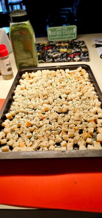 Step 1.1: Preheat the oven to 200°F and bake the bread cubes for at least 15 minutes or set them out on cookie sheets for 24 hours to dry in the air