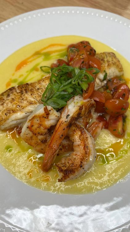 Corn Purée with Halibut and Shrimp recipe