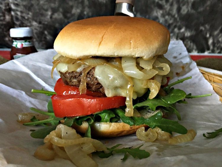 Smoked White Cheddar Burger with Whiskey Glazed Onions recipe