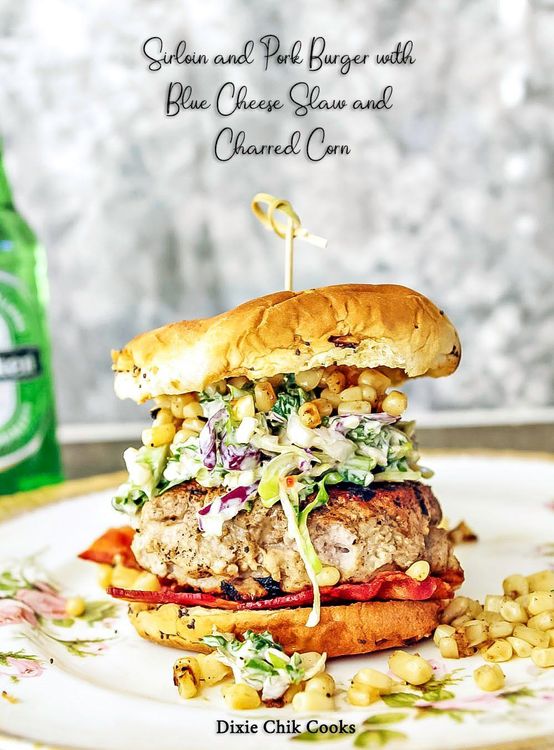 Sirloin and Pork Burger with Blue Cheese Slaw and Charred Corn recipe