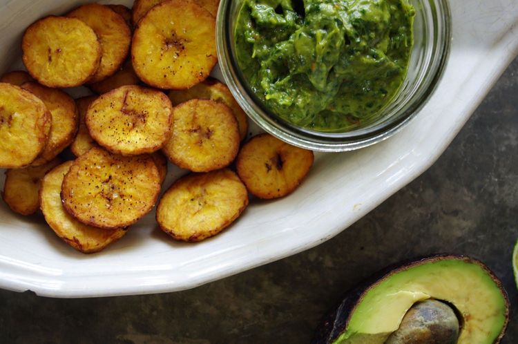 Salty Tostones with Basil Avocado Chimichurri recipe