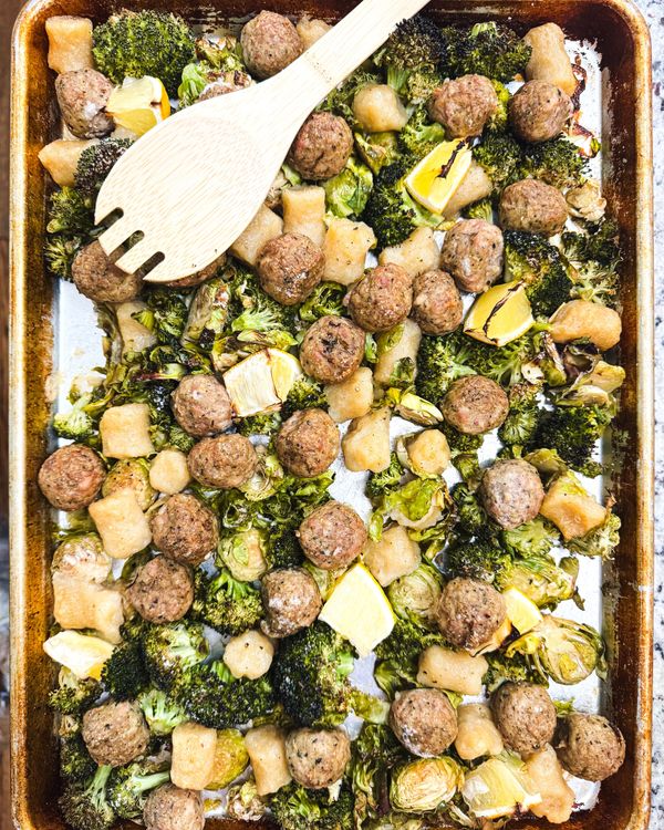 Sheet Pan Dinner with Brussels Sprouts, Broccoli, Gnocchi, and Chicken Meatballs recipe