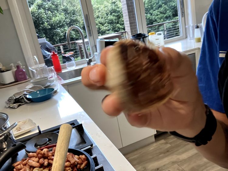 Step 2.2: Let oil cool slightly and then add the shallots, onion, minced garlic, a pinch of salt and squeeze the roasted garlic out of the bulb