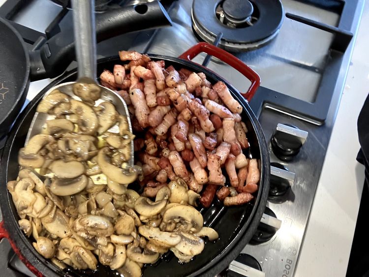 Step 2.5: Add butter and melt until it starts foaming, then add the mushrooms and cook until soft and lightly browned, about 4-5 minutes