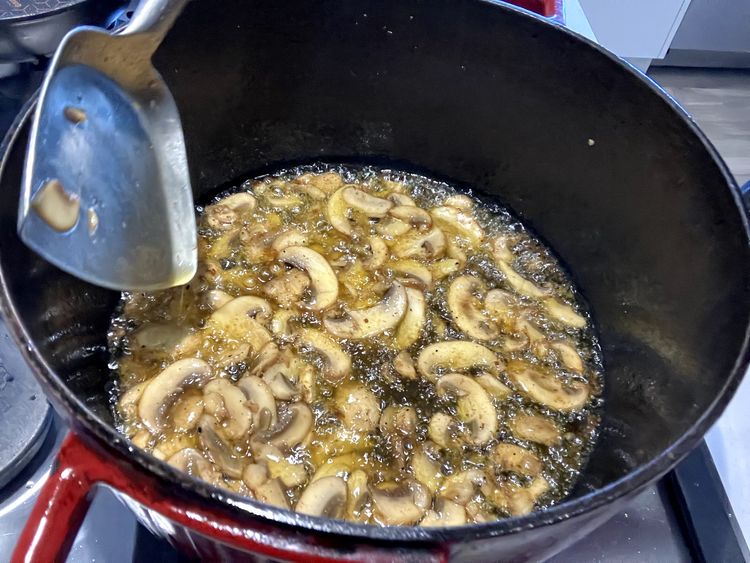 Step 2.4: Add butter and melt until it starts foaming, then add the mushrooms and cook until soft and lightly browned, about 4-5 minutes