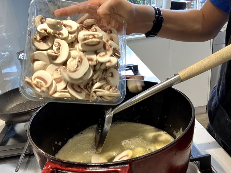 Step 2.2: Add butter and melt until it starts foaming, then add the mushrooms and cook until soft and lightly browned, about 4-5 minutes