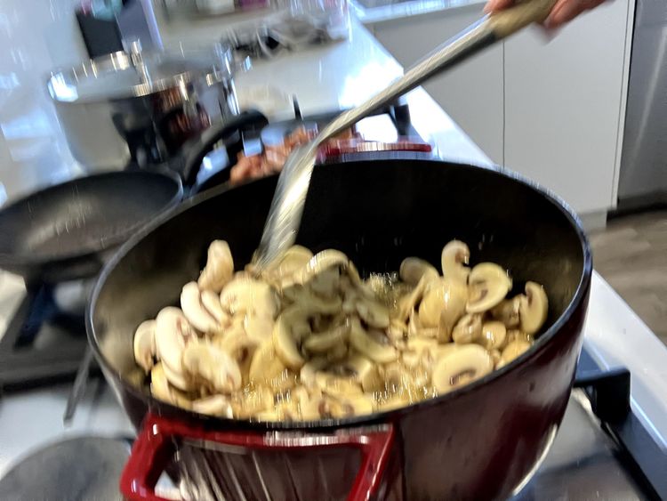 Step 2.3: Add butter and melt until it starts foaming, then add the mushrooms and cook until soft and lightly browned, about 4-5 minutes
