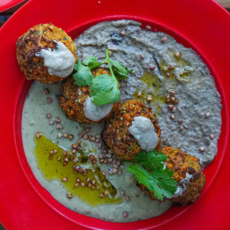 Falafels on Baba Ganoush & Pea-guacamole recipe