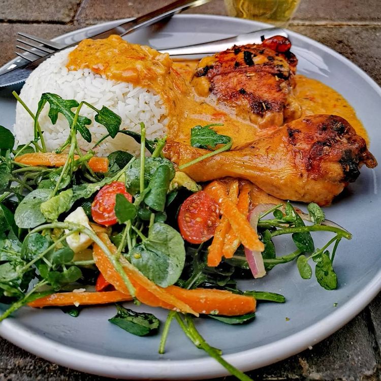 Creamy Chicken Served with Rice and a Side Salad recipe