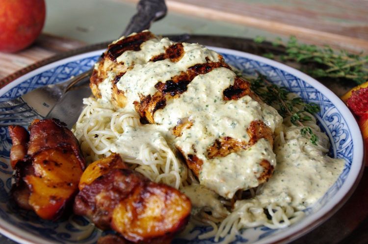 Grilled Chicken with Bacon Wrapped Peaches recipe