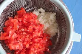 Step 1.1: In a large mixing bowl, combine the diced tomatoes, chopped onion
