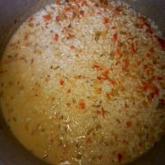 Step 1.1: Add in your meat stock, curry, thyme, garlic, ginger, nutmeg, seasoning powder, salt,soy sauce, coconut milk