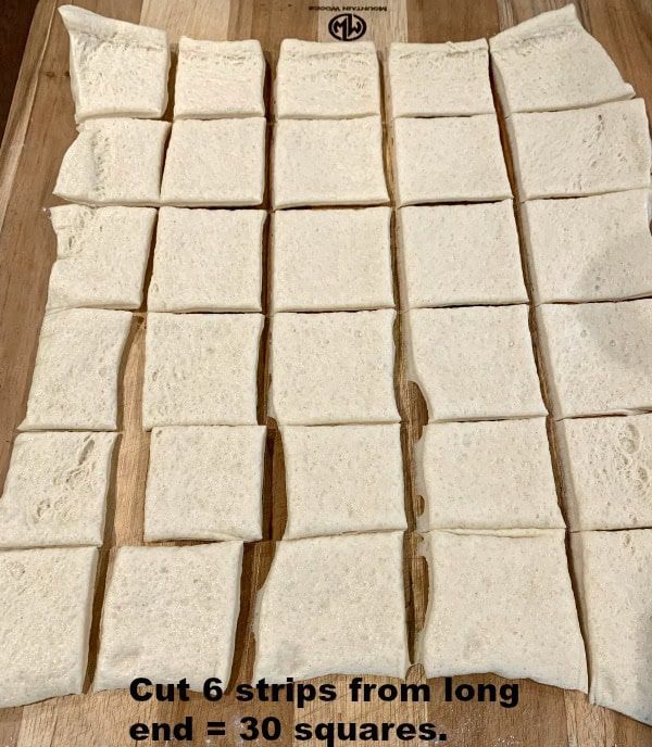 Step 1.1: Using a pizza cutter or sharp knife, cut the dough into 30 squares